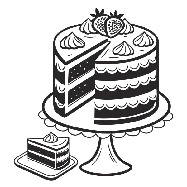 Black And White Illustration Of A Cake With Strawberries On Top Placed On A Platter Next To A Slice — Stock Vector
