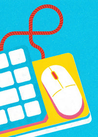 Illustration Of A Computer Mouse And Keyboard On A Blue Background With A Red String Attached To The Mouse — Stock Illustration