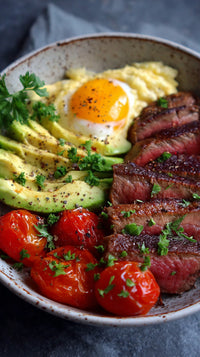 A Plate Of Food A Steak Avocado And Egg Served On A Dining Table — Stock Photo