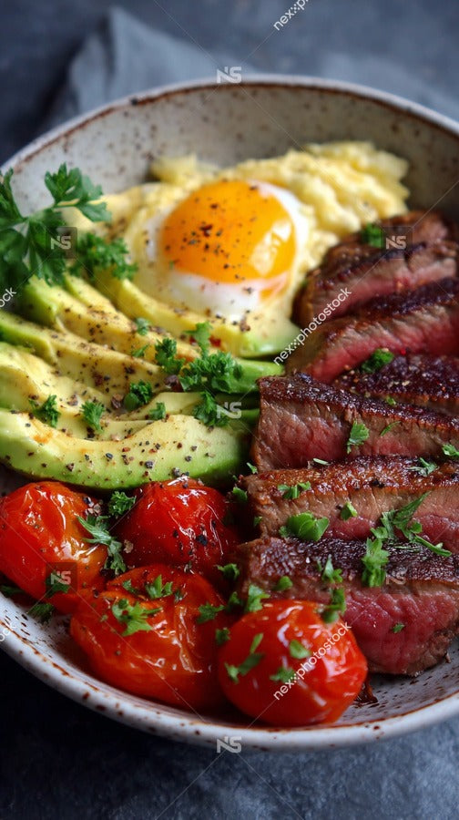A Plate Of Food A Steak Avocado And Egg Served On A Dining Table — Stock Photo