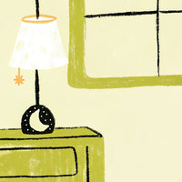 Illustration Of A Cozy Bedroom Scene A Green Lamp Shade And A Yellow Wall — Stock Illustration