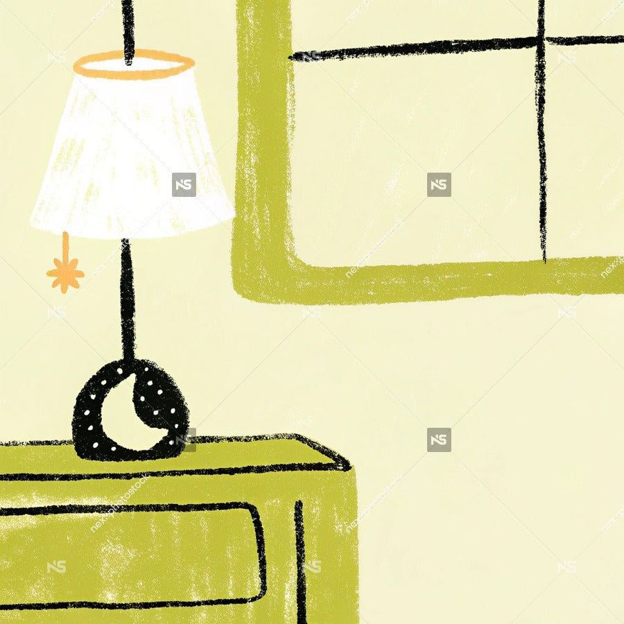 Illustration Of A Cozy Bedroom Scene A Green Lamp Shade And A Yellow Wall — Stock Illustration