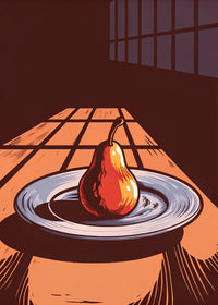 A Painting Of A Pear On A Plate In A Room With A Window — Stock Illustration