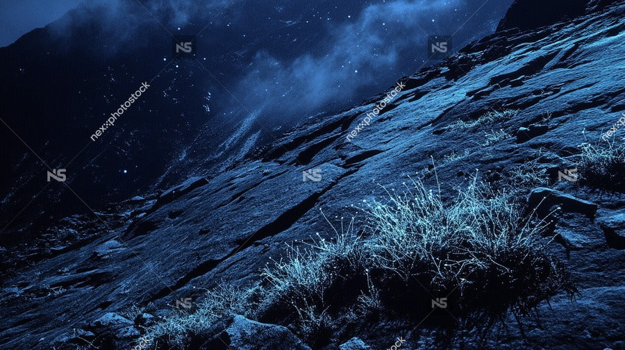 Nighttime Landscape With A Dark Sky And Stars A Rocky Hillside Under A Blue Light — Stock Photo