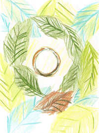 Hand Drawn Illustration Of A Wedding Ring Surrounded By Leaves And Branches Set Against A Yellow Background — Stock Illustration