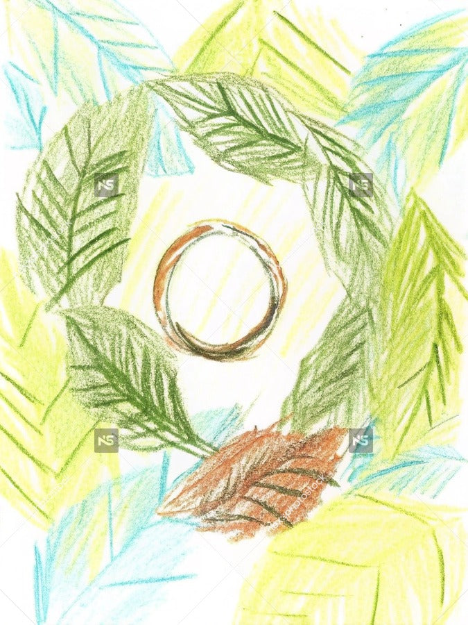 Hand Drawn Illustration Of A Wedding Ring Surrounded By Leaves And Branches Set Against A Yellow Background — Stock Illustration