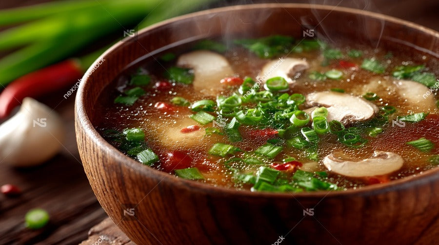 A Bowl Of Hearty Soup With Visible Ingredients Including Mushrooms And Herbs Placed On A Wooden Surface — Stock Photo