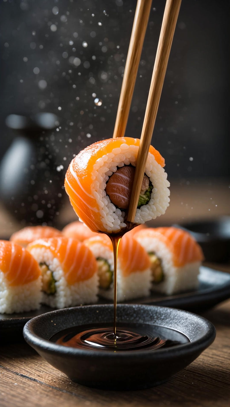 sushi on a stick served with soy sauce - Stock Video