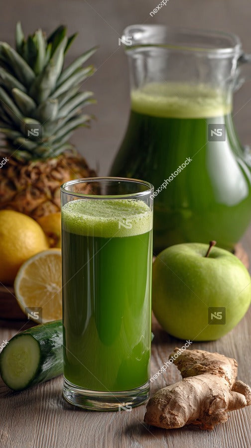 A Glass Of Green Smoothie With Ginger Root Accompanied By A Pitcher And Fresh Fruits On A Wooden Table — Stock Photo