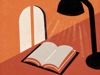 Illustration Of A Desk Lamp An Open Book And A Cross Against A Red Background — Stock Illustration