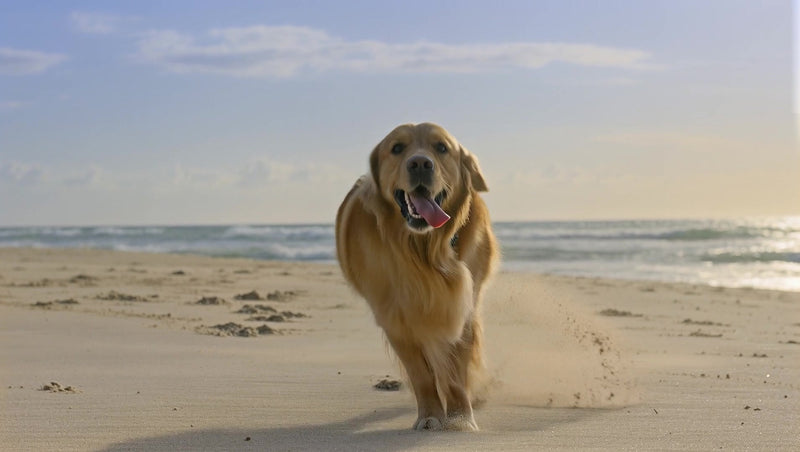 a golden retriever is captured in mid run on a sandy beach with the ocean visible in the background - Stock Video