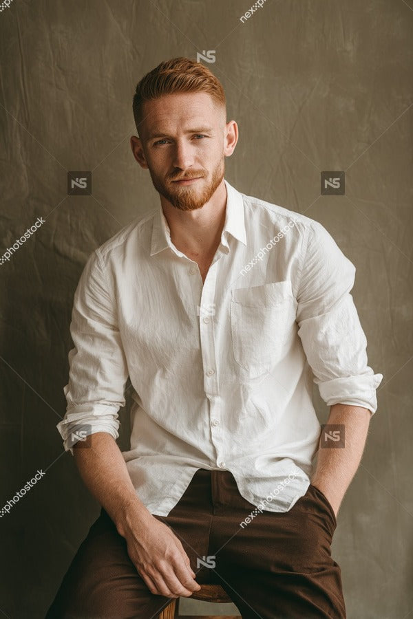 Man Posing For Portrait Wearing White Shirt And Brown Pants Seated On Stool Against Gray Background — Stock Photo