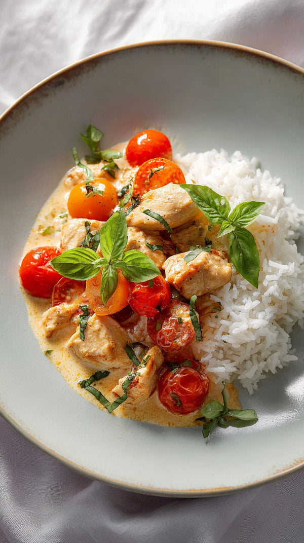 A Plate Of Chicken Curry And Rice Garnished With Fresh Basil Leaves Served On A Blue Plate — Stock Photo