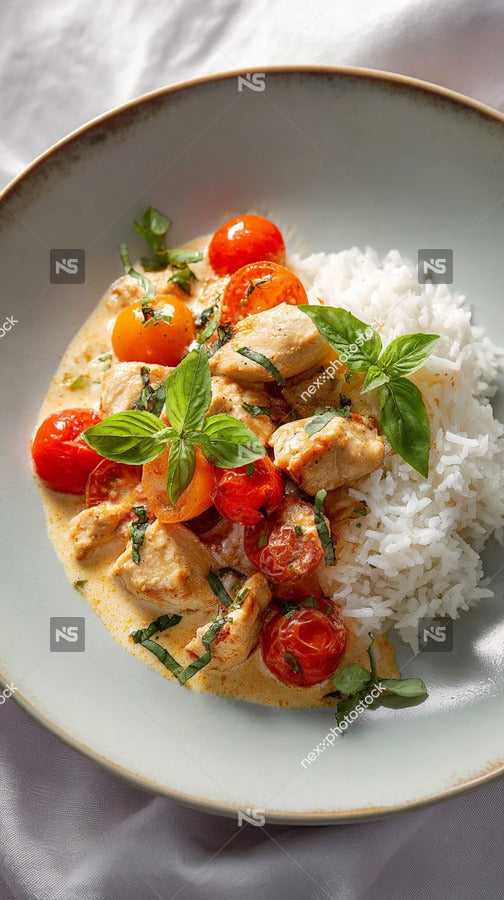 A Plate Of Chicken Curry And Rice Garnished With Fresh Basil Leaves Served On A Blue Plate — Stock Photo