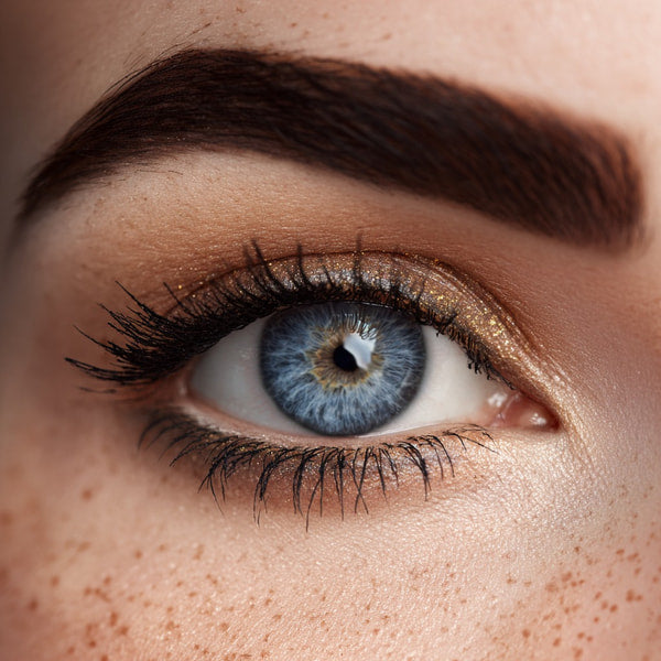 Close Up Of A Person S Eye With Blue Iris And Freckles Showcasing Makeup And Eyelashes Against A Neutral Background — Stock Photo