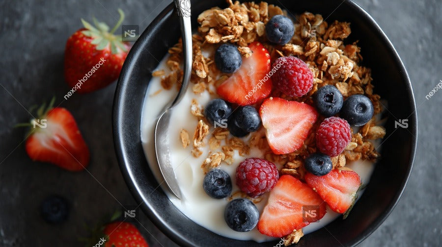 A Bowl Of Granola Topped With Berries And Milk Served In A Black Bowl On A Dark Surface — Stock Photo