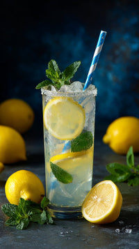 Lemonade With Mint And Lemon Garnish Served In A Glass With A Straw Accompanied By Sliced Lemons On The Table — Stock Photo