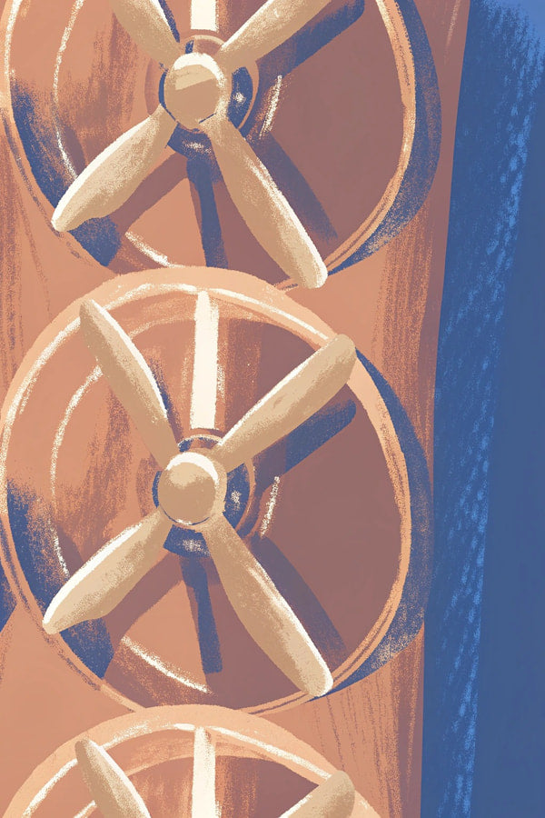 Three Propellers From An Airplane A Fan Displayed In A Row Against A Blue Background — Stock Illustration