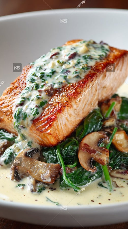 A Plate Of Salmon Topped With Spinach And Mushrooms Served On A White Dish — Stock Photo