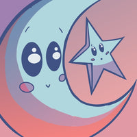 A Whimsical Illustration Of Two Cartoon Characters One Resembling A Moon And The Other A Star Set Against A Vibrant Gradient Background — Stock Vector