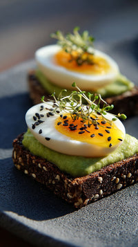 Two Slices Of Bread Topped With Avocado And A Fried Egg Garnished With Sprouts On A Dark Slate Surface — Stock Photo