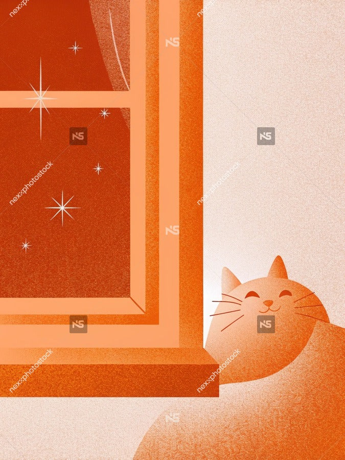 An Orange Cat Sits By An Open Window At Night Looking Out With A Content Expression — Stock Illustration