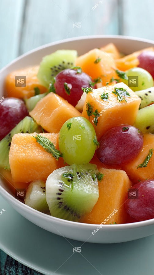 A Bowl Of Fresh Fruit Salad Including Grapes Kiwi And Melon With A Sprig Of Mint On Top — Stock Photo