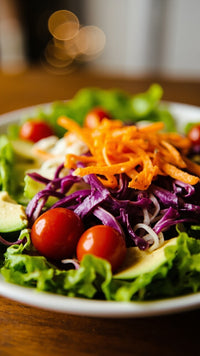 A Plate Of Salad Topped With Carrots Garnished With A Sprinkle Of Sesame Seeds And Served On A Wooden Table — Stock Photo