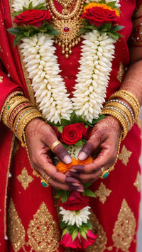 a bride in a traditional indian wedding dress adorned with red and white flowers holds a bouquet of red roses in her - Stock Video