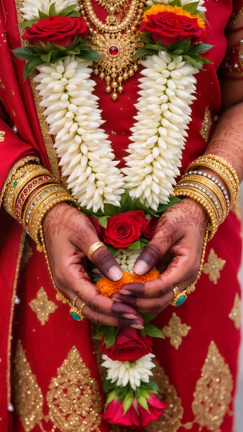 a bride in a traditional indian wedding dress adorned with red and white flowers holds a bouquet of red roses in her - Stock Video