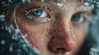 A Close Up Portrait Of A Young Girl With Snowflakes On Her Face Looking Into The Camera — Stock Photo
