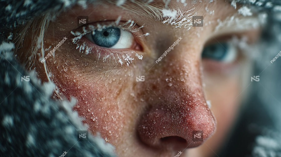 A Close Up Portrait Of A Young Girl With Snowflakes On Her Face Looking Into The Camera — Stock Photo