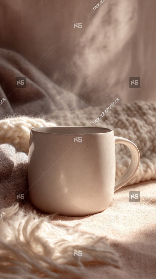 A Cozy Scene A Warm Mug Of Coffee Placed On A Soft Blanket Inviting Relaxation And Warmth — Stock Photo