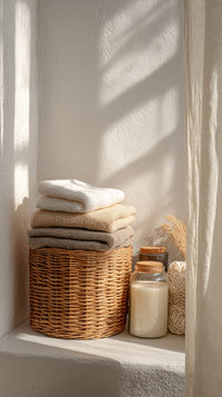 A Sunlit Bathroom Scene With A Wicker Basket Of Towels A Window With Sunlight Streaming In And A White Wall — Stock Photo