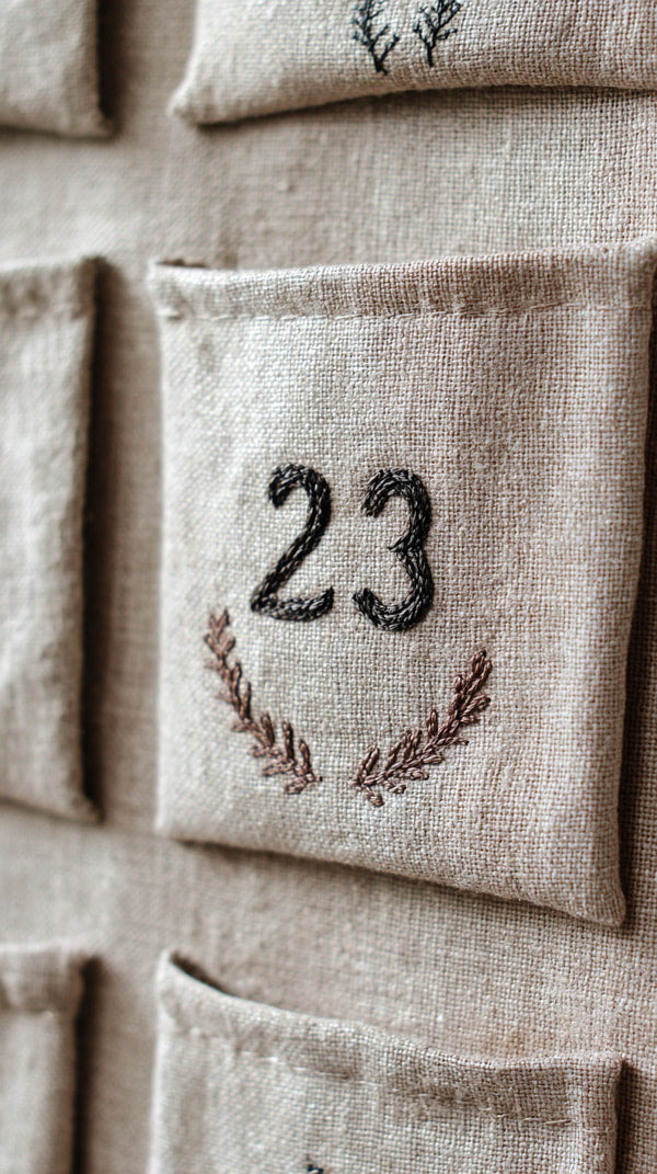 Handmade Number 23 Banner With A Vintage Aesthetic A Distressed Fabric Background And A Stitched Number 23 In A Classic Serif Font — Stock Photo