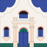 A Stylized Illustration Of A Church Building With White Trim And Blue Doors Set Against A Solid Background — Stock Vector