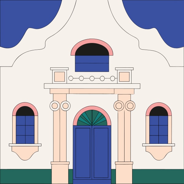 A Stylized Illustration Of A Church Building With White Trim And Blue Doors Set Against A Solid Background — Stock Vector