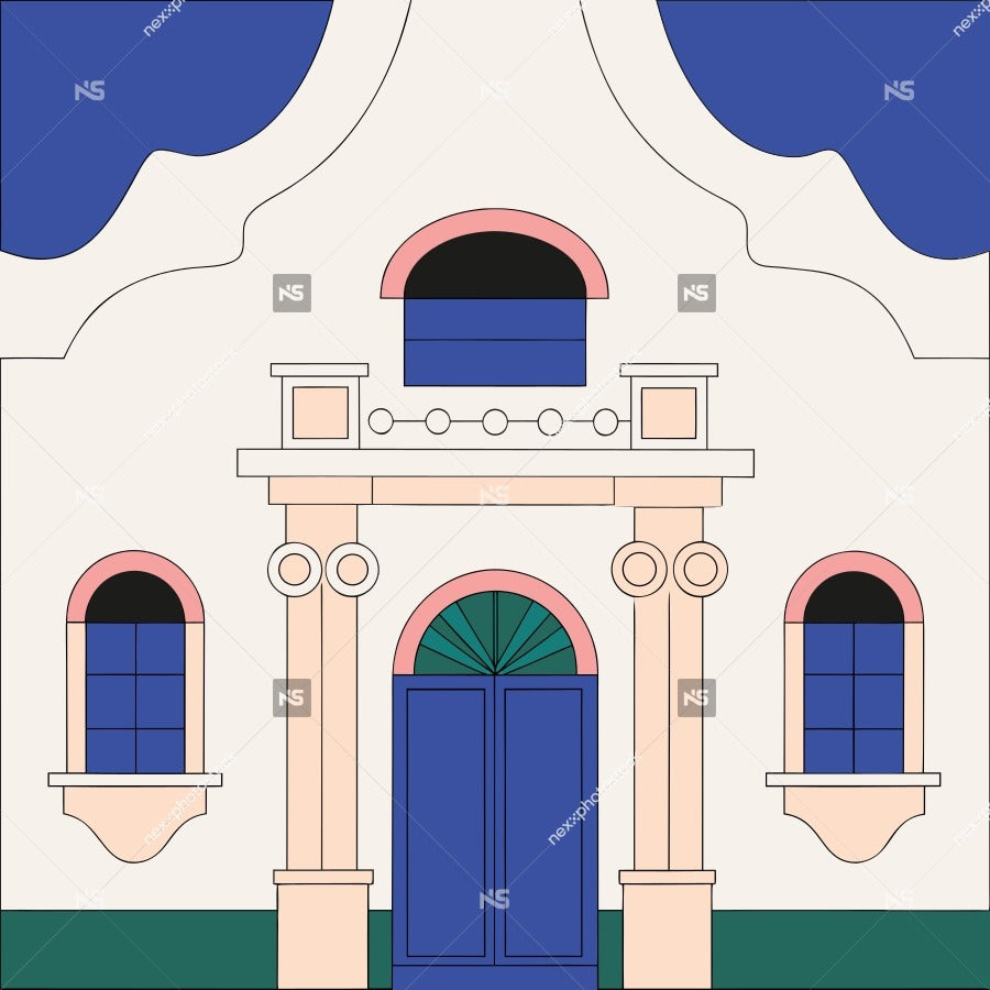 A Stylized Illustration Of A Church Building With White Trim And Blue Doors Set Against A Solid Background — Stock Vector