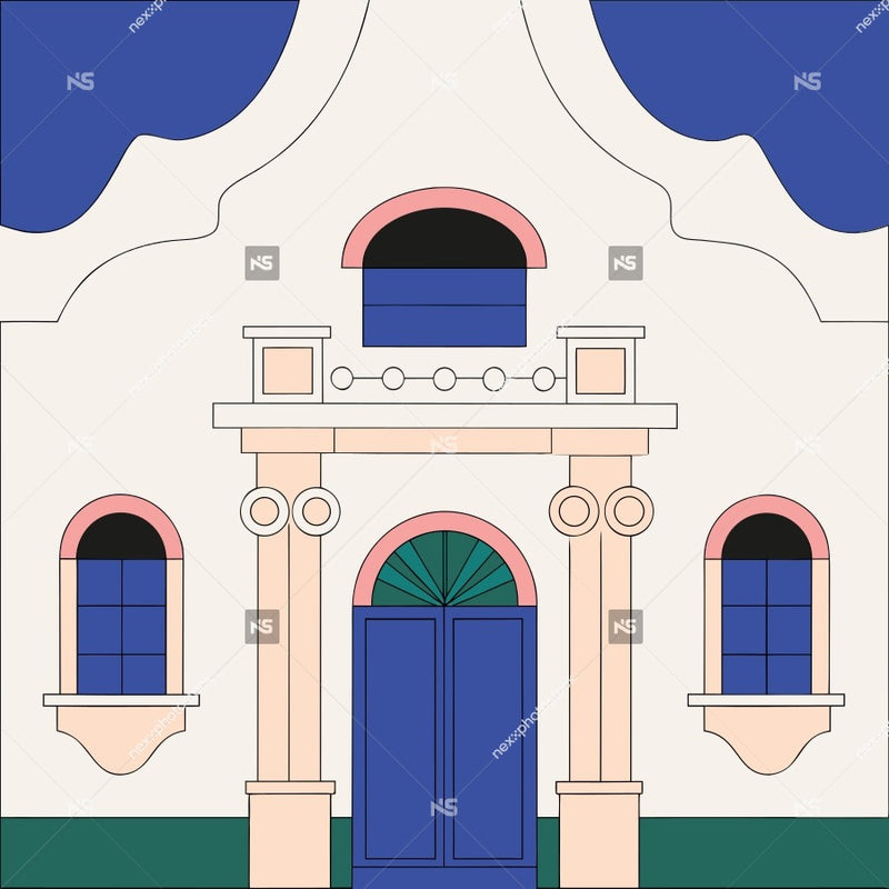 A Stylized Illustration Of A Church Building With White Trim And Blue Doors Set Against A Solid Background — Stock Vector