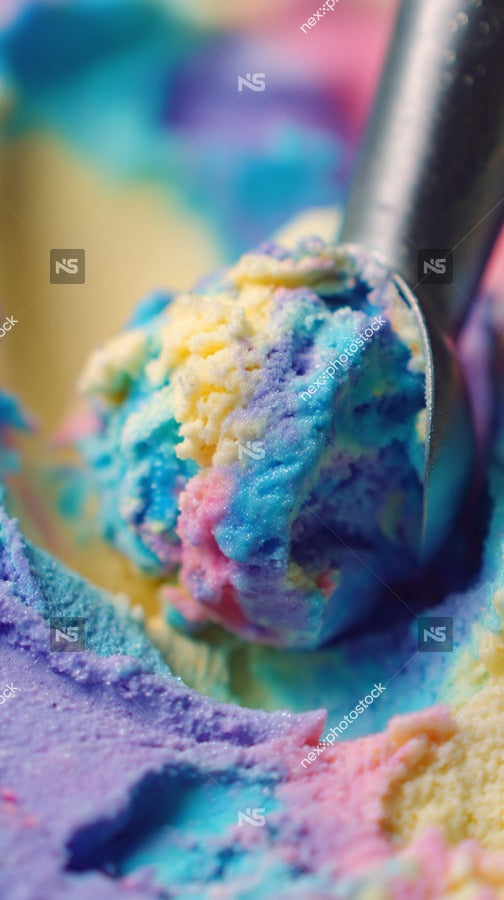 Displays A Close Up View Of A Scoop Of Vibrant Ice Cream With Multiple Colors Including Shades Of Blue And Yellow — Stock Photo