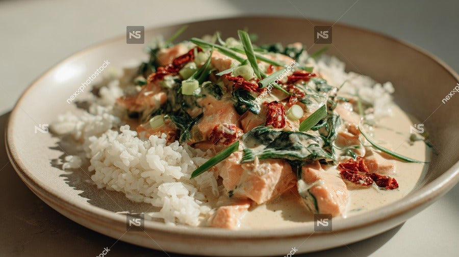 Thai Chicken Curry Served Over Rice Garnished With Green Onions And Red Chili Flakes — Stock Photo