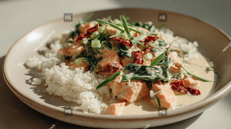 Thai Chicken Curry Served Over Rice Garnished With Green Onions And Red Chili Flakes — Stock Photo