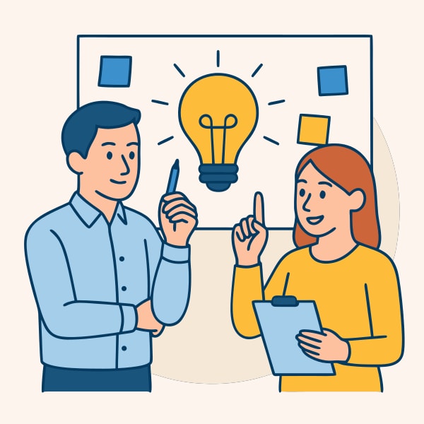 Illustration Of A Man And Woman Discussing An Idea In Front Of A Light Bulb On A Board — Stock Vector