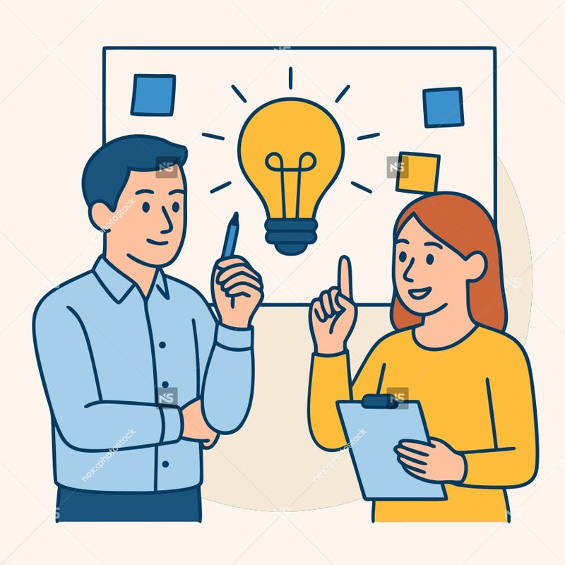 Illustration Of A Man And Woman Discussing An Idea In Front Of A Light Bulb On A Board — Stock Vector