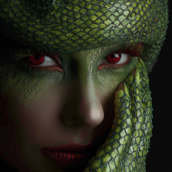 Close Up Portrait Of A Person Wearing Elaborate Green And Gold Snake Makeup With Red Eyes Showcasing Intricate Details And Textures — Stock Photo