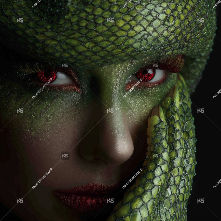 Close Up Portrait Of A Person Wearing Elaborate Green And Gold Snake Makeup With Red Eyes Showcasing Intricate Details And Textures — Stock Photo
