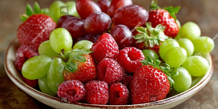 A Bowl Of Fresh Fruits Including Strawberries Grapes And Melons Displayed On A Table (2) — Stock Photo
