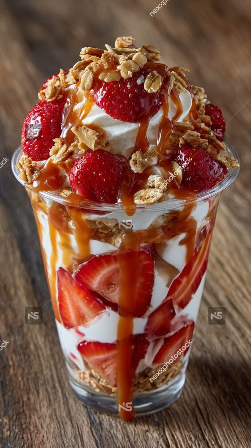Strawberry Shortcake Dessert With Whipped Cream And Nuts In A Clear Glass Dish On A Wooden Table — Stock Photo