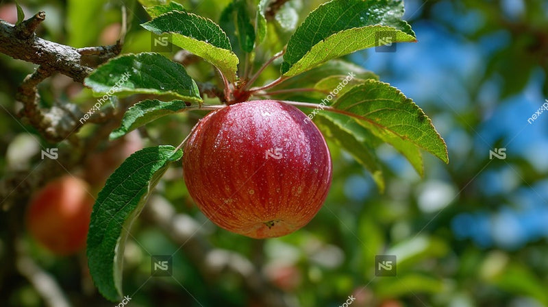 A Single Red Apple Hanging From A Tree Branch Against A Blue Sky Background — Stock Photo