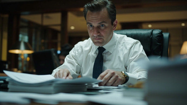 Actor A Man In A Suit Seated At A Desk With Papers And A Computer Monitor — Stock Photo